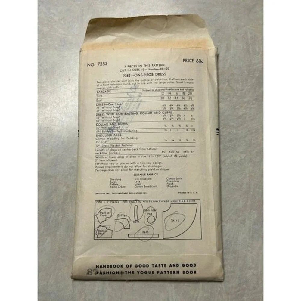 Vintage 1950's Vogue Pattern #7353‎ One Piece Flare Skirt Dress Size 16